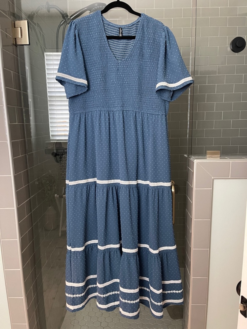 Blue Tiered Maxi Dress with White Trim